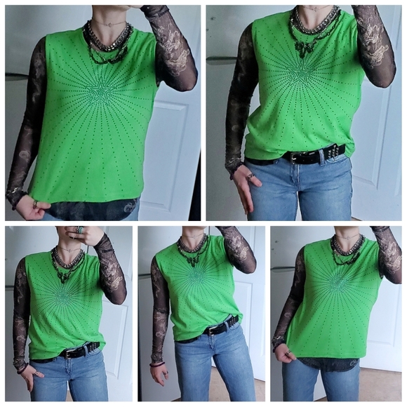 Vibrant Green Y2K Blue Sequin Starburst Embellished Graphic Summer Sweater Vest - Picture 4 of 16